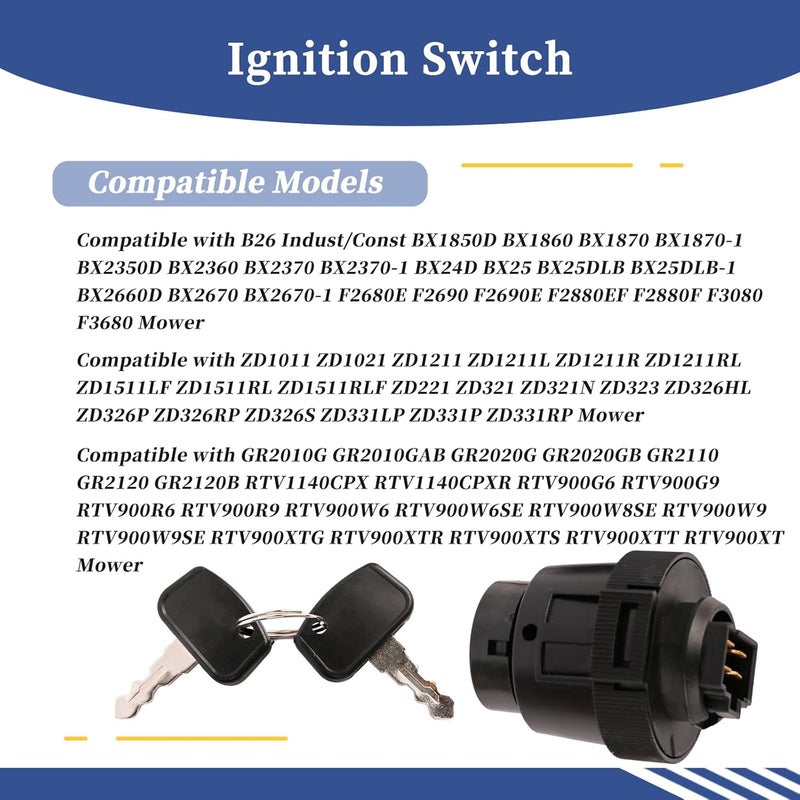 Getfarway Ignition Switch 1900-0932 Compatible with Kubota Tractor BX1850D BX F GR RTV ZD Series Mower, RTV500 RTV900 RTV1140 ZD1211 ZD221 ZD321 ZD323 ZD326 ZD331, Replace K7571-62102 K7571-62112 - Image 2